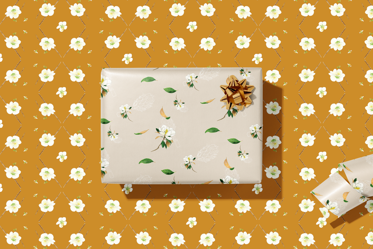 Meena's Marigold & Magnolia Double-Sided Gift Wrapping Paper | Roll of 3 Pre-cut Sheets