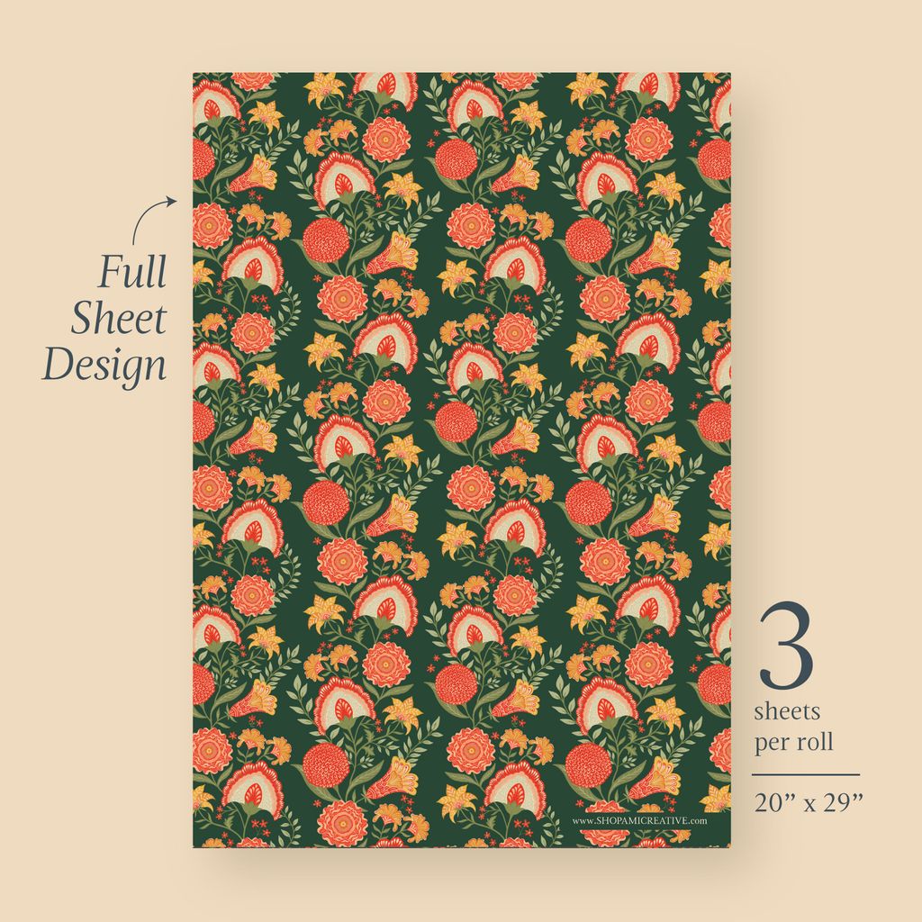 Mae's Majestic Blooms Gift Wrap | Roll of 3 Pre-cut Sheets