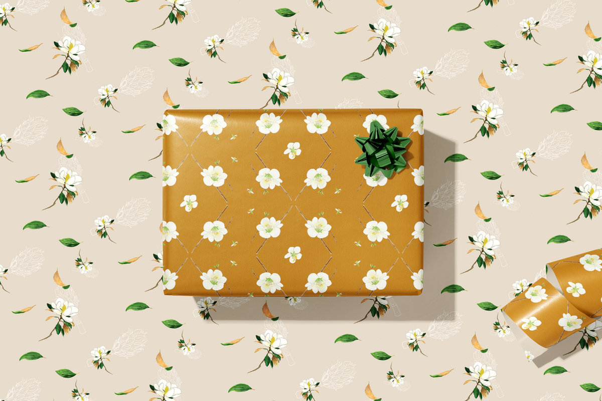 Meena's Marigold & Magnolia Double-Sided Gift Wrapping Paper | Roll of 3 Pre-cut Sheets